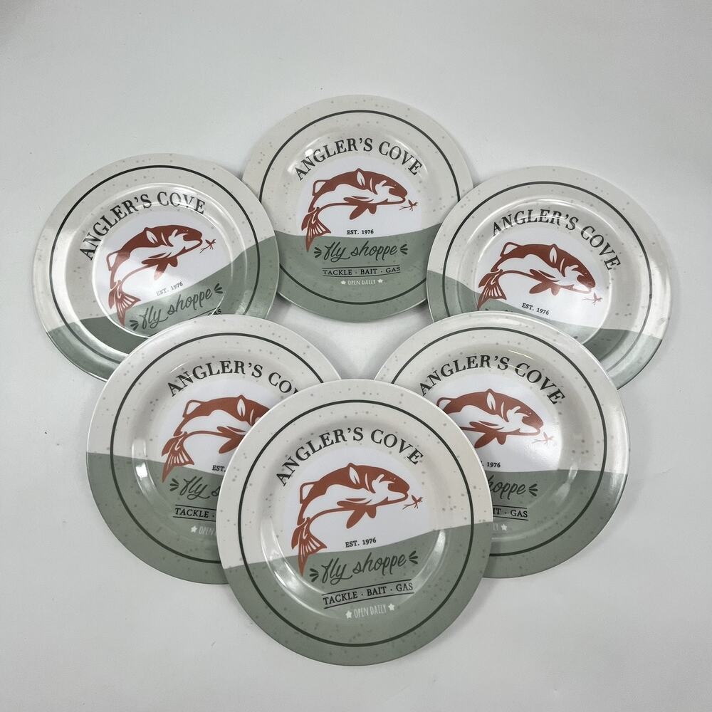 Stephan Roberts Anglers Cove Salad Plates Set of 6 Fishing Theme Melamine 8 Inch